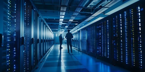 Obraz premium Technicians monitor servers in data center rows using digital dashboards. Concept Data Center Monitoring, Server Management, Digital Dashboards, Technicians, IT Infrastructure