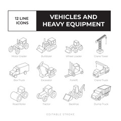 Vehicles and heavy equipment line icon set vector simple, black and white vector icon bundle isometric