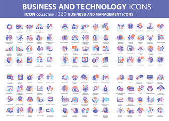 120 Business and management icon set. Icons for leadership, teamwork, job and work, statistics, analytics and advertising. Flat vector illustration. Blue icon for business collection	