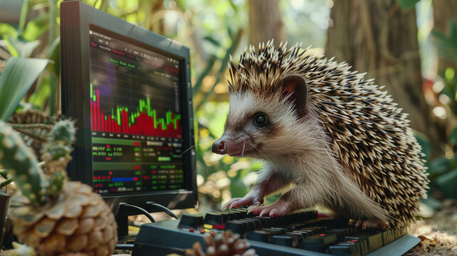 Photograph of a hedgehog in a park trading cryptocurrencies. Crypto