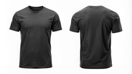 High-quality isolated blank black t-shirt template featuring front and back views with realistic short sleeves on white background.
