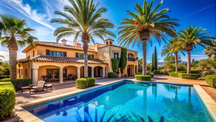 Serene turquoise ocean laps against powdery white sand beach lined with swaying palm trees under a bright blue sky.