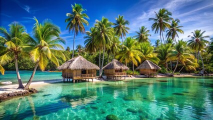 Obraz premium Serenene tropical paradise featuring secluded huts amidst swaying palm trees surrounded by turquoise waters under a clear cerulean sky.