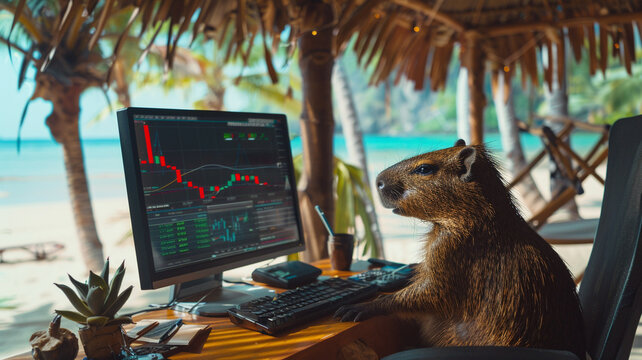 Photograph of a capibara at a tropical beach trading cryptocurrencies. Crypto