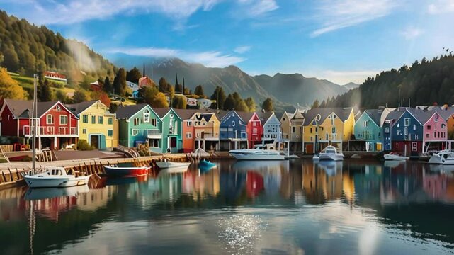 house next to the pier with mountains in the background. Seamless looping 4k video animation