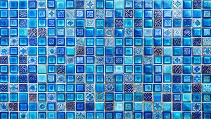 Vibrant blue ceramic mosaic seamless texture perfect for swimming pool or kitchen design, featuring intricate patterns and glossy finish accents.
