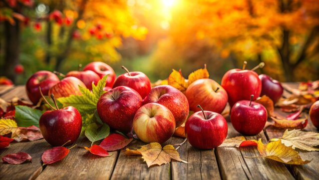 Vibrant red apples surrounded by lush green leaves lie scattered on a rustic wooden table against a crisp autumn background.