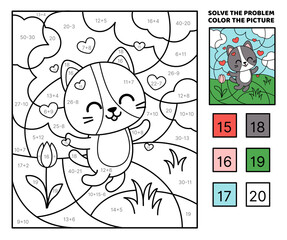 Solve the problem, color the picture. Happy black cat in love. Kitten. Coloring book. Vector