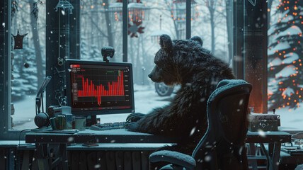 Photograph of a bear at a snowy park in winter trading cryptocurrencies. Crypto