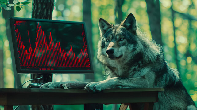 Photograph of a wolf in a park trading cryptocurrencies. Crypto