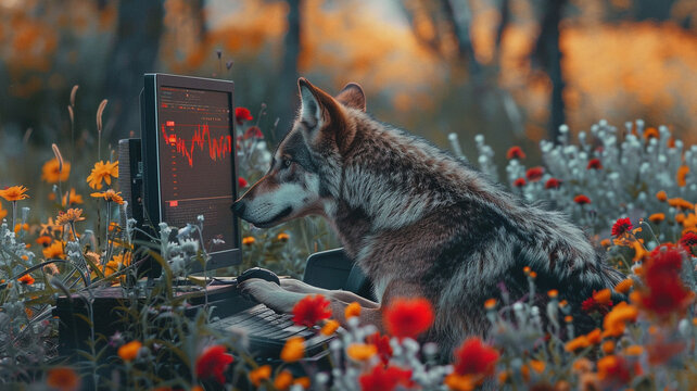 Photograph of a wolf in a field full of blooming flowers trading cryptocurrencies. Crypto
