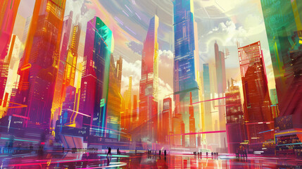 Dreamy colorful rainbow art illustration city landscape background