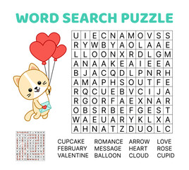 Word search game puzzle for kids. Valentives day. Romance. English words. Cartoon, vector.