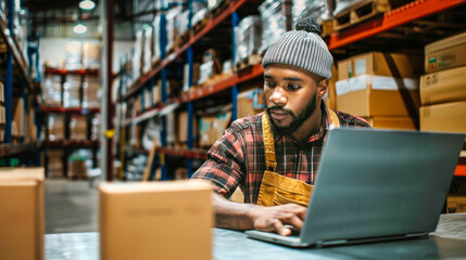 A warehouse worker diligently types on a laptop, surrounded by towering shelves filled with cardboard boxes, showcasing the essential role technology plays in modern logistics
