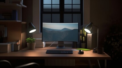 There is a computer placed on a table in a room, positioned in front of a window. It seems to be part of an entertainment setup in the house