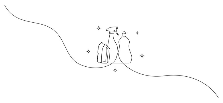 recommend clip art: One continuous line drawing of cleaning service and detergent products. Household tools and bottle spray concept in simple linear style. Fresh washing and dry cleaning. Doodle vector illustration