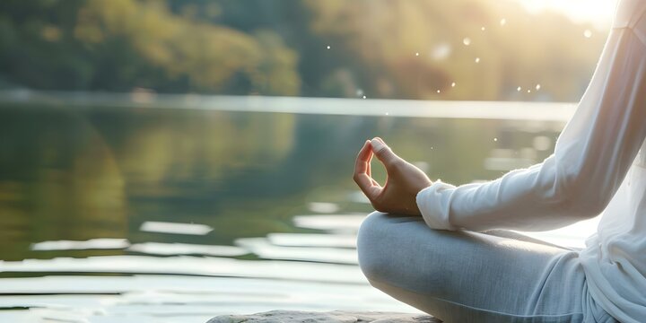 Person peacefully reflecting and expressing gratitude in serene natural setting. Concept Gratitude, Reflection, Nature, Peaceful, Serene