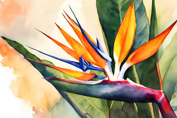 Vibrant Bird of Paradise flower illustration with colorful background, Artistic illustration of a vibrant Bird of Paradise flower