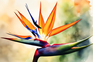 Vibrant Bird of Paradise flower illustration with colorful background, Artistic illustration of a vibrant Bird of Paradise flower