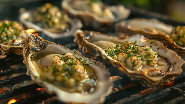 A close-up shot of grilled oysters topped with garlic butter and herbs, sizzling on a hot grill.