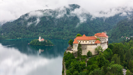 Fototapeta premium Aerial Photography of Bled Castle and Lake Bled in Summer