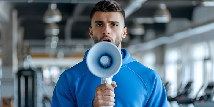 Sporty fitness trainer in blue tracksuit announces sale with megaphone at home gym. Concept Fitness Promotion, Home Gym, Sporty Trainer, Megaphone Announcement, Blue Tracksuit - Powered by Adobe