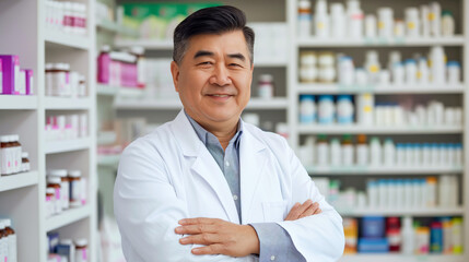 Fototapeta premium A man in a white lab coat stands in front of a pharmacy with a smile on his face