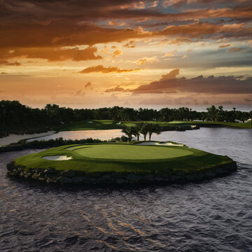 a captivating par 3 golf course adorned with an island green against sunset background.