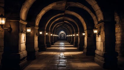 Dark dungeon tunnel of a medieval castle, dark underground corridor in the dungeon. Generative AI, Generative, AI