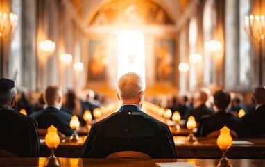 man in academic gown sitting in church with candlelight and blurred background.