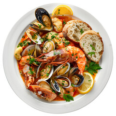 Appetizing display of various seafood with garnishes, isolated on a transparent backdrop