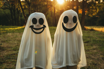 Two children dressed up as spooky ghosts for halloween party