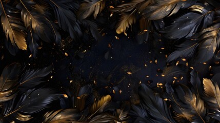 Fototapeta premium luxury black and gold background with golden feathers