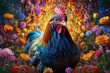 a painting of a chicken surrounded by flowers