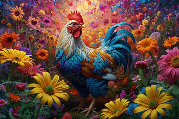 a painting of a chicken surrounded by flowers