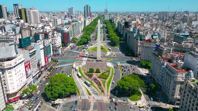Aerial view of Buenos Aires city with Obelisk and 9 de julio avenue - Buenos Aires, Argentina.