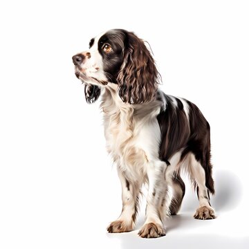 English springer spaniel dog breed standing against white background, AI Generated