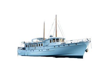 Fototapeta premium A small white motor ship is sailing on a wide river Isolated on transparent background