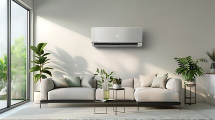 a modern living room featuring an energy-efficient air conditioner, exuding a fresh and natural vibe with indoor plants and elegant, minimalistic design