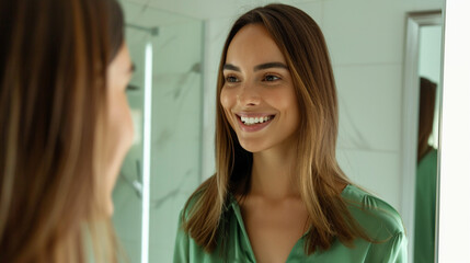 Obraz premium Portrait of a woman smiling looking at mirror.