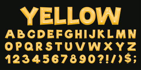 Yellow playful alphabet in Y2K style. 3D rendering of plump letters, plastic glossy reflective texture. Vector illustration.