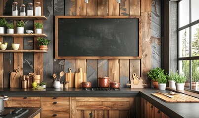 Modern kitchen with an empty chalkboard on the wall