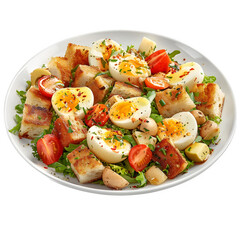 Delicious french-inspired salad with eggs and tomatoes, on a clear background