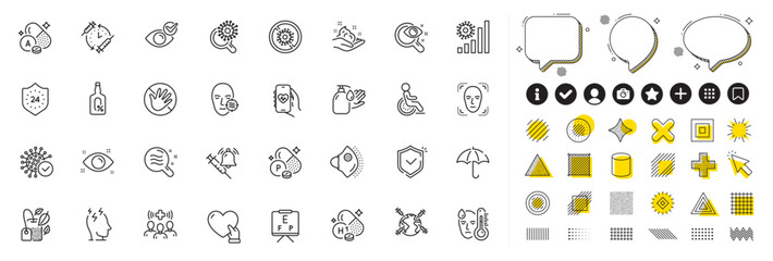 Set of Disability, Volunteer and Stress line icons for web app. Design elements, Social media icons. Phosphorus mineral, Do not touch, Vitamin a icons. Coronavirus, Umbrella, Mint bag signs. Vector