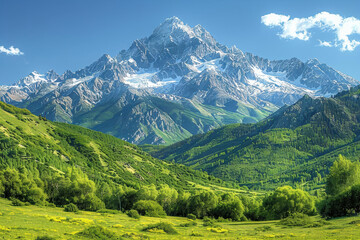 A breathtaking view of a snow-capped mountain surrounded by lush green valleys under a clear blue sky, showcasing natural beauty.