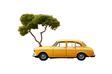 a small yellow car parked in front of a yellow building Isolated on transparent background