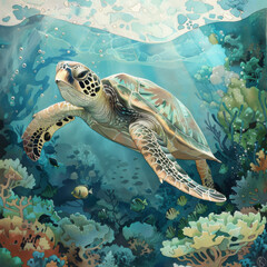 Fototapeta premium In the vast ocean, a sea turtle gracefully swims close to a vibrant coral reef, highlighting the beauty of marine life and the wonders of underwater ecosystems