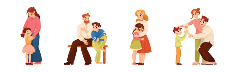 Parents Supporting Children Soothing and Talking to Them Vector Set
