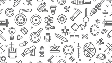 Grey Line Art Seamless Pattern with Tools and Mechanical Elements