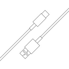 Charging cable, wires with Type-C and USB-A ports, outline vector black and white images.